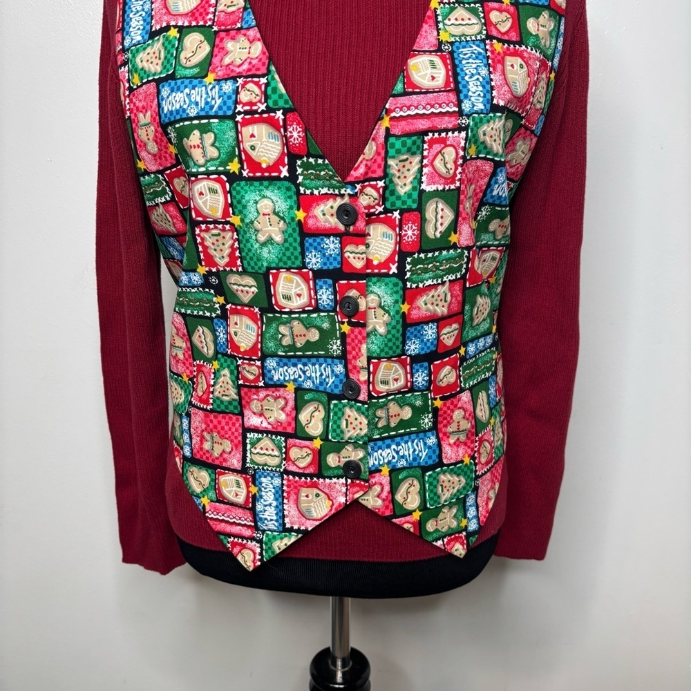 Basic Editions Holiday Vest Women’s Small Christmas Gingerbread Cookie Patchwork - Picture 3 of 9